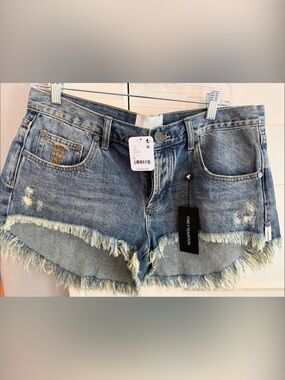 One Teaspoon Light Blue Distressed Frayed Hem Denim Shorts